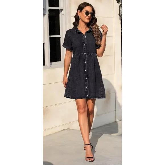Women’s Denim Dress Cotton Blend Short Sleeve Pockets Babydoll Casual - Picture 4 of 6